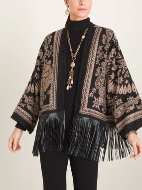 Chico's Black & Taupe Paisley Fringe Open-Front Poncho Cardigan